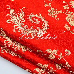 Red Brocade Fabric: Golden Phoenix Tail Jacquard, By The Yard