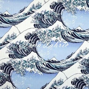 Cotton Fabric With Blue Sea Wave Hokusai‘s Wave - 1/2 yard