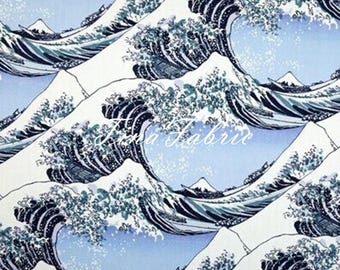 Cotton Fabric With Blue Sea Wave Hokusai‘s Wave - 1/2 yard