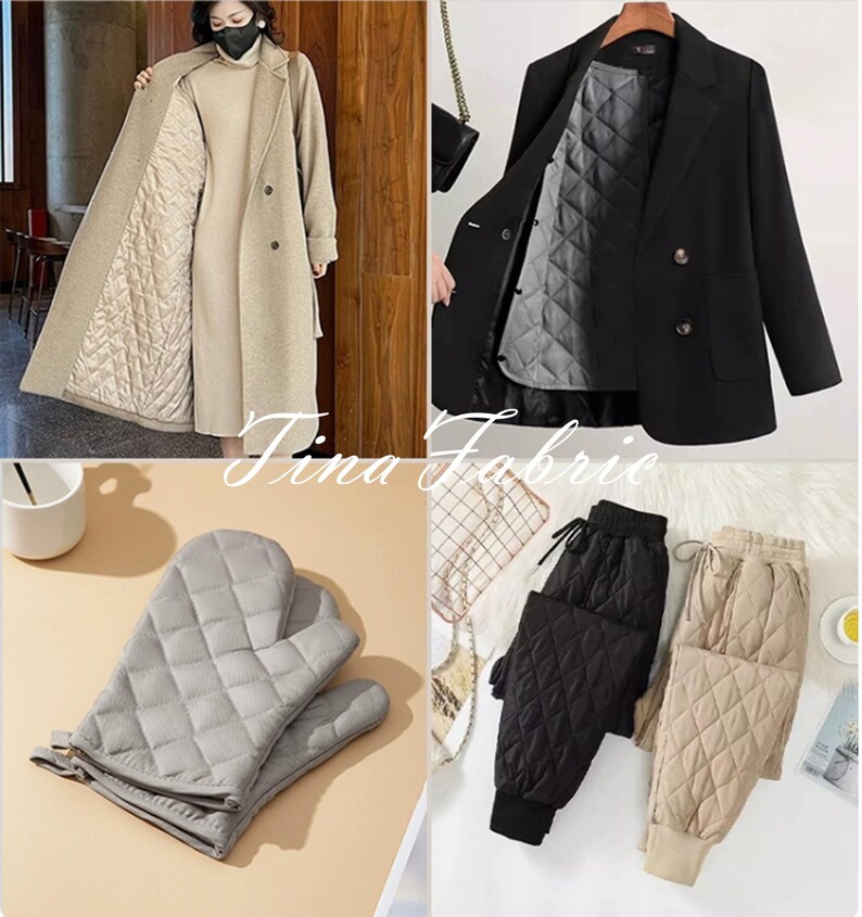 K&ouml;nnte beinhalten: Ein Set aus drei gesteppten Artikeln: ein langer beiger Mantel, ein schwarzer Blazer und eine schwarze und beige Jogginghose. Mantel und Blazer sind mit einem gesteppten Stoff gef&uuml;ttert. Die Jogginghose hat einen Kordelzugbund und ein gestepptes Design.