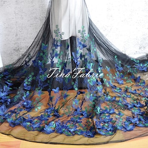 Butterfly Flower Embroidery Black Tulle Lace Fabric: Bridal Wedding Dress (By The Half Yard)