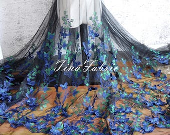 Butterfly Flower Embroidery Black Tulle Lace Fabric: Bridal Wedding Dress (By The Half Yard)