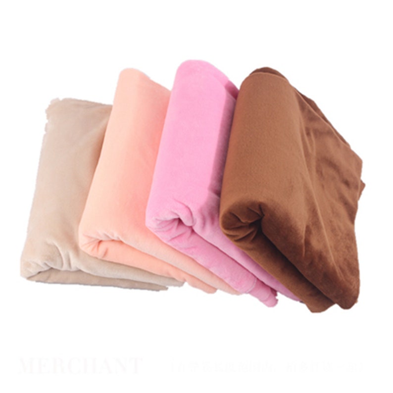 May include: Four fabric swatches in different colors: beige, peach, pink, and brown. The fabric is soft and plush.