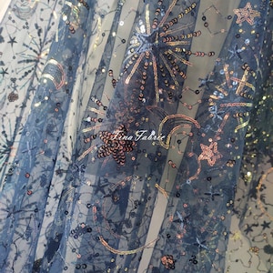 1Yard Star&Moon Sequin Fabric,Starry Fabric,Embroidery Star Tulle Fabric,Star Sequin Fabric,Prom Dress, Gatsby Dress, Bridesmaid Dress, Cape