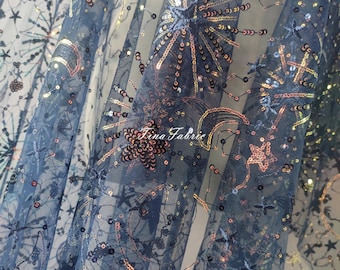 1Yard Star&Moon Sequin Fabric,Starry Fabric,Embroidery Star Tulle Fabric,Star Sequin Fabric,Prom Dress, Gatsby Dress, Bridesmaid Dress, Cape