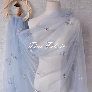 Blue And White Soft Mesh Fabric, Mesh Embroidered Flower Fabric, 4-Way Stretch Wedding Dress Fabric, Mesh Fabric, By The Half Yard