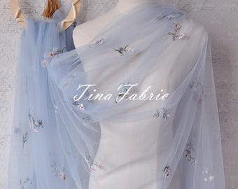 Blue Embroidered Flower Mesh Fabric, 4-Way Stretch Wedding Dress Fabric, By The Half Yard