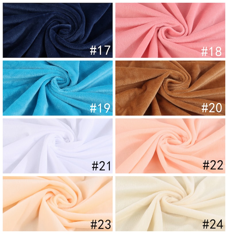 May include: Six rows of fabric swatches in different colors. The swatches are arranged in two columns. The colors are navy blue, pink, light blue, brown, white, peach, beige, and cream. Each swatch is labeled with a number from 17 to 24.