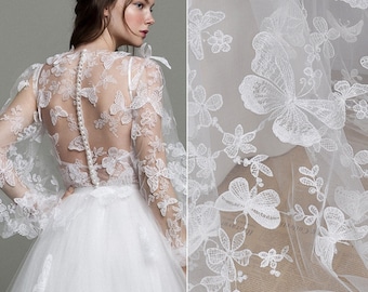 Fleur papillon blanche 3D broderie exquise tissu de tulle doux dentelle de mariage robe de mariée en dentelle tissu 51 ''largeur par mètre