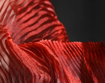 Red organza fabric - Gradient two-color pleated water light reflective yarn fabric - Designer fabric - By the half yard