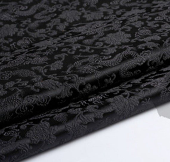 Black Color Black Dragon Fabric, Brocade Fabric, Dragon Style
