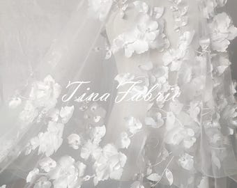 3D Beaded Flower Wedding Dress Fabric - Bridal Bridesmaid Polyester Skirt