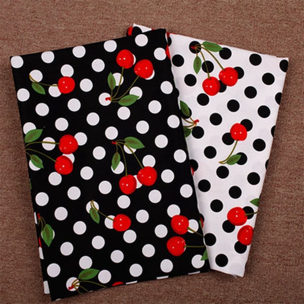 Black/white color fabric, printed dots and cherry fabric, cotton fabric, red cherry style fabric, by the yard