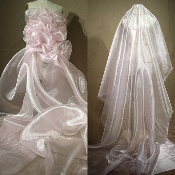 Pastel-pink Crystal Mesh Glitter Water Light Transparent Stiff Mesh Fabric Designer Fabric Dress Fabric DIY Fabric By The Yard