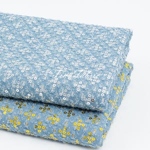 Sequin Washed Cotton Denim Fabric: Ripped DIY Clothing Fabric