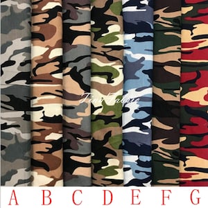 May include: Eight different camouflage fabric swatches in various colors, including green, brown, blue, and red. The swatches are labeled A through G.