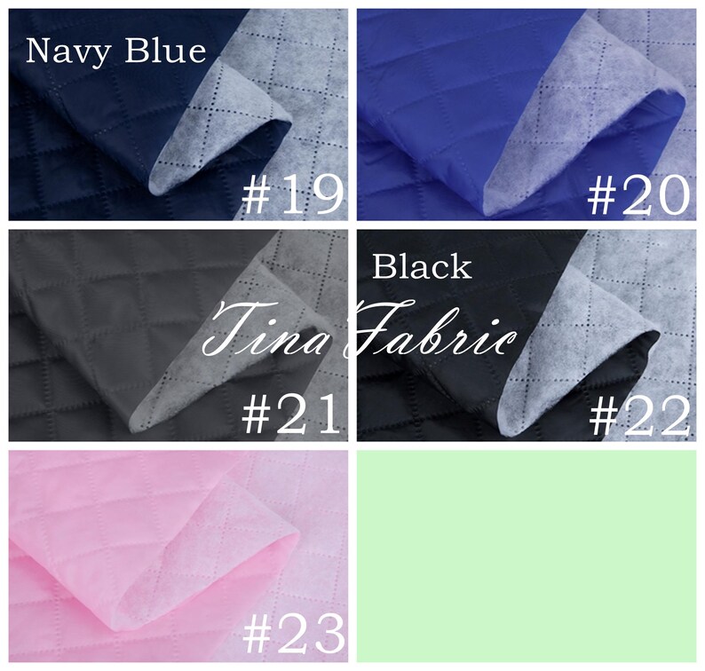 K&ouml;nnte beinhalten: F&uuml;nf Stoffmuster mit einem gesteppten Rautenmuster. Die Muster sind marineblau, schwarz, rosa, hellgr&uuml;n und grau. Jedes Muster hat eine Nummer von 19 bis 23.