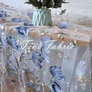 Blue Flower Mesh Fabric On White Background, Embroidered Fabric 4-Way Stretch, Dress Fabric, Mesh Fabric, By The Half Yard, Colors Available