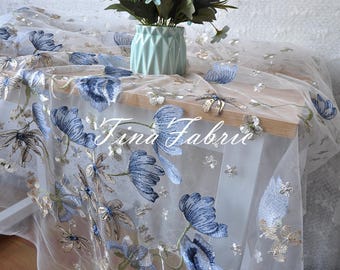 Blue Flower Embroidered Mesh Fabric, White 4-Way Stretch, By The Half Yard