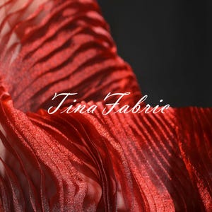Red Gradient Pleated Organza Fabric: Water Light Reflective Yarn, Designer Fabric - By the Half Yard