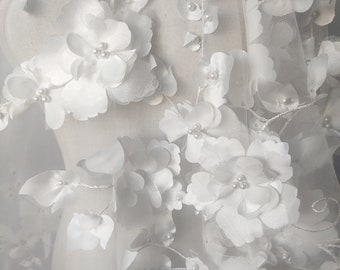 3D White Chiffon Flower Beaded Pearl Soft Tulle Fabric Wedding Lace Bridal Dress Fabric 51'' Width By The Yard