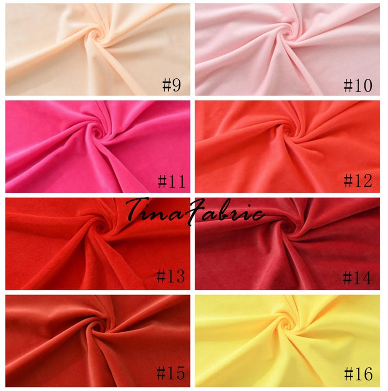 May include: A collection of fabric swatches in various shades of red, pink, yellow, and orange. The swatches are arranged in a grid pattern with numbers 9 through 16 labeled below each swatch.