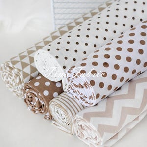 Tessuto di cotone marrone e bianco: pois, righe, chevron - mezzo metro