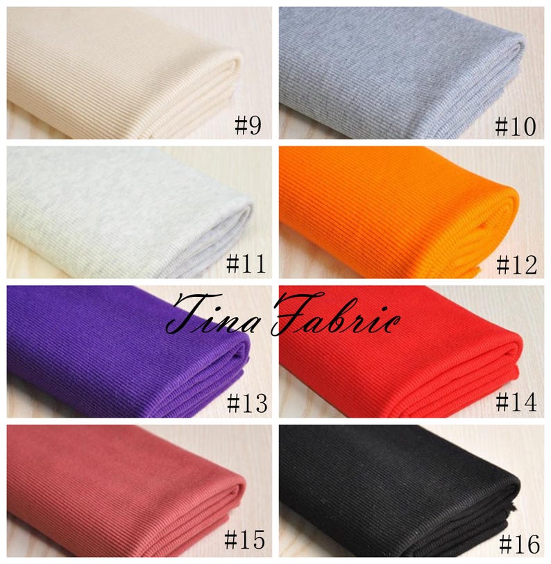 May include: A collection of 10 different colours of ribbed knit fabric. The colours are: beige, grey, light grey, orange, purple, red, coral, black, and white. The fabric is folded in half and the number of each colour is written below it.