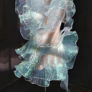 Blue Gradient Pleated Lace Fabric: Lotus Leaf Mesh, Wedding Skirt Cuffs - By The Yard