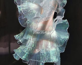 Blue Gradient Pleated Lace Fabric: Lotus Leaf Mesh, Wedding Skirt Cuffs - By The Yard