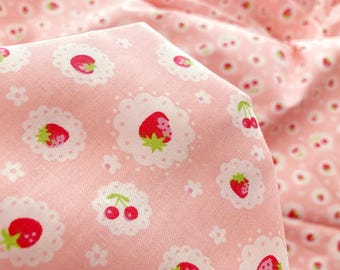 Kawaii Strawberry Cotton Fabric: Floral Print, 62 Inch Wide 1/2 Yard