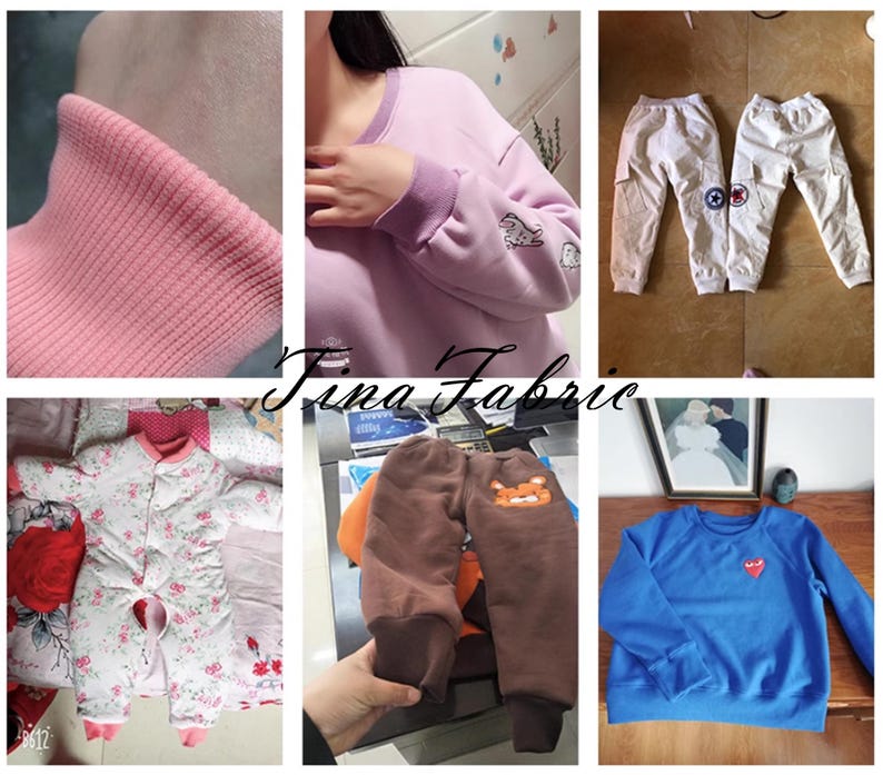 May include: A collage of various clothing items, including a pink sweatshirt with a white embroidered design, a pair of white sweatpants with a star design, a brown pair of trousers with a cartoon animal design, a pink and white floral onesie, and a blue sweatshirt with a red heart design.