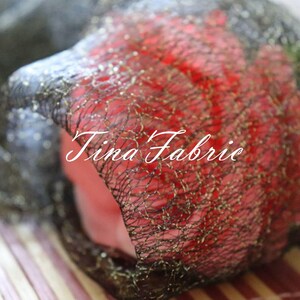 Puede incluir: Primer plano de una rosa roja cubierta con una tela de malla negra y dorada. El texto "Tina Fabrie" es visible en la rosa.