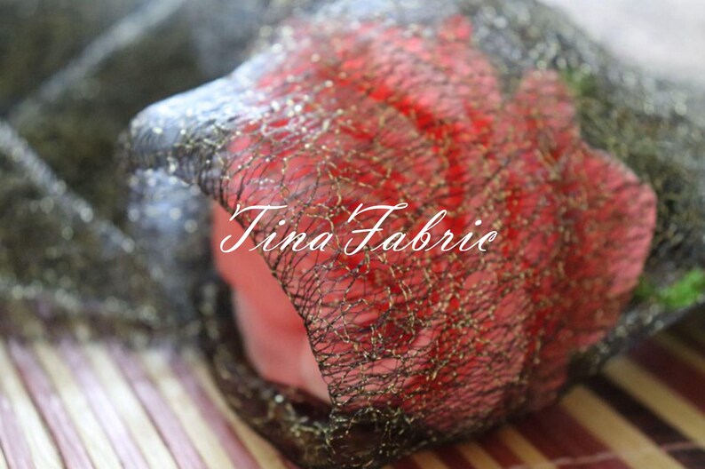 Puede incluir: Primer plano de una rosa roja cubierta con una tela de malla negra y dorada. El texto "Tina Fabrie" es visible en la rosa.