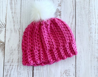 Kids Pom Pom Hat, 1-3 year old, handmade crochet hat, baby shower gifts, gift for toddler girl, little girl gifts, pink hat