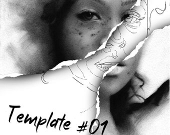 May include: A black and white image of a woman's face with a torn piece of paper revealing a drawing of a face with lines and dots. The text "Template #01" is written on the paper.