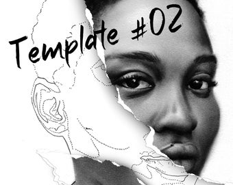 May include: A black and white drawing of a person's face, with the left side of the face obscured by a torn piece of paper. The text "Template #02" is visible on the torn paper.