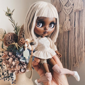 Custom Blythe Art Doll “Moonbeam” OOAK BDJ and dark skin silver  hair