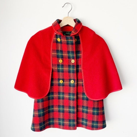 Vintage Girls Wool Red Plaid Cape Coat Italy