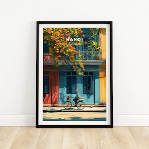 Hanoi Vietnam Print | Vibrant Hanoi Wall Art with Cyclist and Colorful Buildings | Urban Street Scene Home Decor