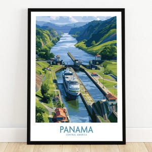 May include: A framed art print featuring a colorful illustration of the Panama Canal. The artwork depicts a large ship navigating the canal locks, surrounded by lush green hills and the text "PANAMA CENTRAL AMERICA" at the bottom.