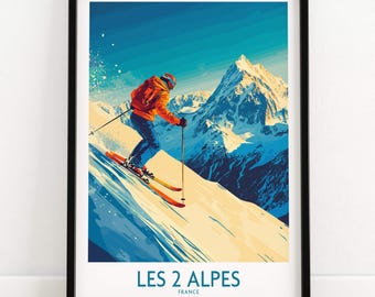 Les 2 Alpes Wall Art Print France Poster Les 2 Alpes Ski Resort Poster Winter Sports Artwork Adventure Home Decor Skiing Wall Art Gift Skier