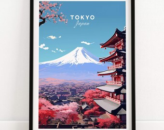 Reisposter Tokio: vintage stijl Japanse muurkunst, minimalistische print Tokyo skyline, Japan decor cadeau voor reizigers en thuis