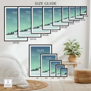 Finland Print Wall Art Poster size guide showcasing various dimensions for home and office decor.