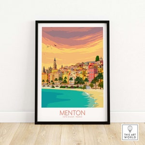 Póster de Menton Cote d'Azur, arte de pared de inspiración vintage, elegante decoración para el hogar: regalo de cumpleaños perfecto para viajes a Menton.