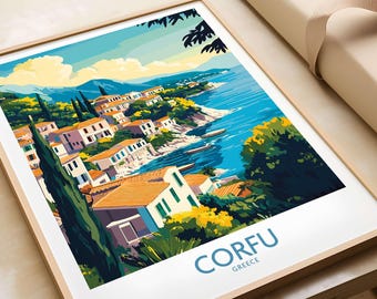 May include: A colorful illustration of a seaside town with buildings, trees, and a blue ocean. The text "CORFU GREECE" is at the bottom of the image.