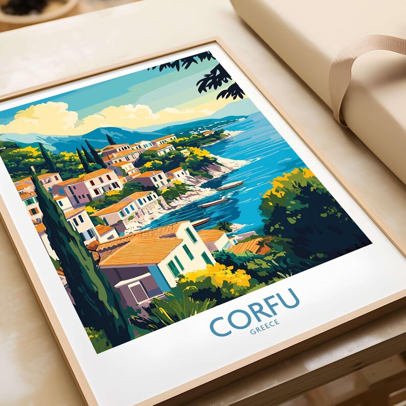 Corfu landscape art print showcasing vibrant scenery of Greece, perfect for wall decor and travel enthusiasts.