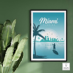 May include: A teal and blue illustration of the Miami skyline with palm trees and a person paddleboarding in the water. The text "Miami Florida" is at the top of the image.