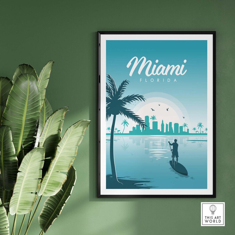 May include: A teal and blue illustration of the Miami skyline with palm trees and a person paddleboarding in the water. The text "Miami Florida" is at the top of the image.