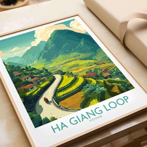 Ha Giang Loop Vietnam Valley Village Travel Print Motorbikes Poster Mountain Scenery Ha Giang Loop Vietnam Gift Art Lovers Illustration